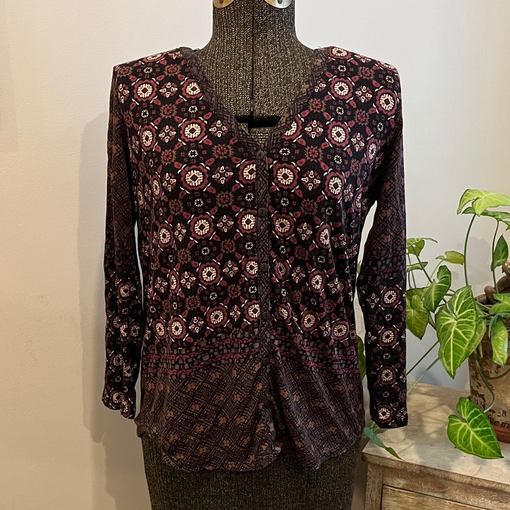 Lucky Brand Black, Green, Burgundy, Brown Print Top Boho Size M